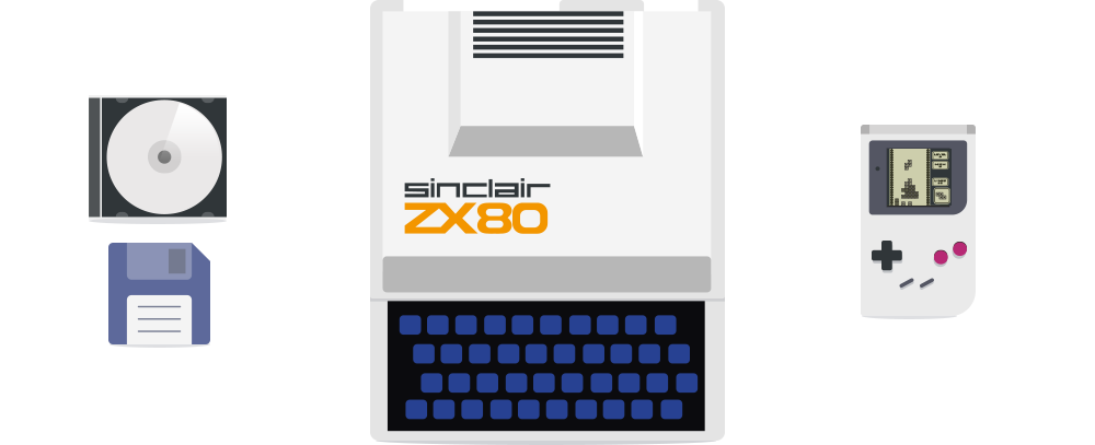 1980: CDROM and Floppy Disks, ZX80 Sinclair. Tetris